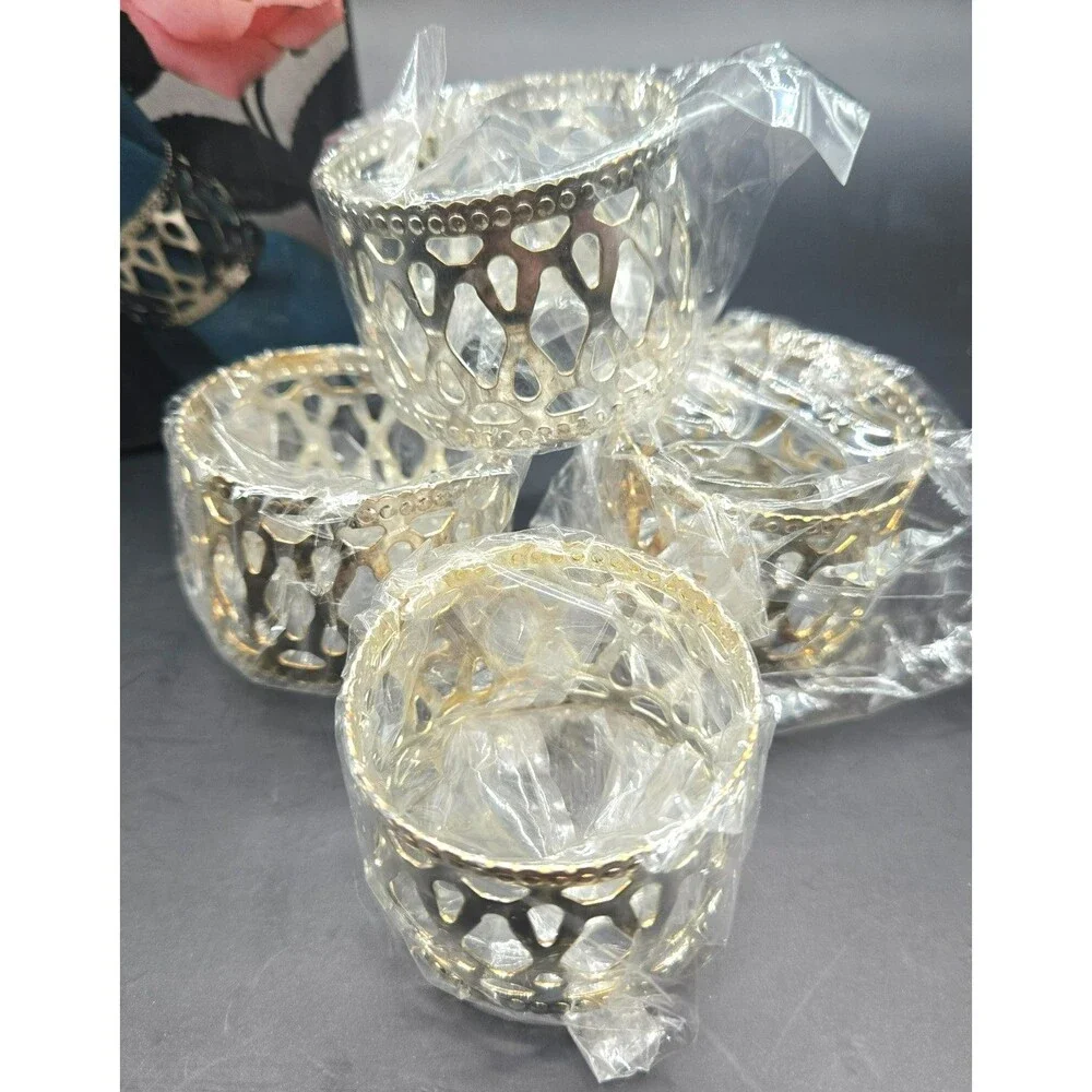Vintage Set of 4 Silver-Plated Openwork Filigree / Lattice Napkin Rings in Box